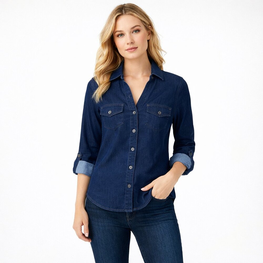NWT White House Black Market Long Sleeve Denim Shirt Avery Rinse 00 #A1715